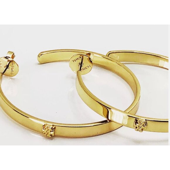 Tory Burch Gold-Plated Hoop Earrings With Logo Studs - Picture 3 of 11